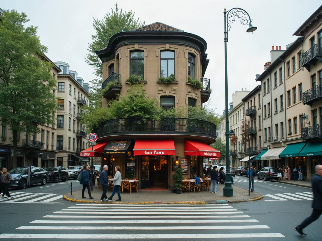 Carrefour animé avec commerces et petit immeuble collectif, heure de pointe