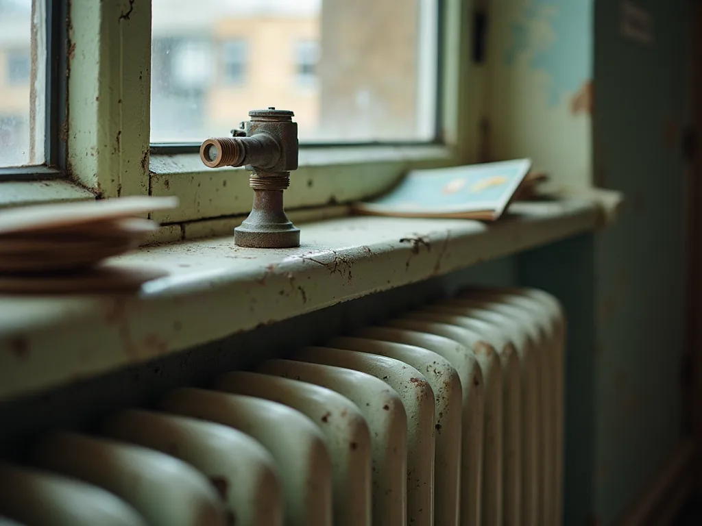 Détail d'un radiateur ancien et peinture écaillée dans un immeuble à vérifier avant achat