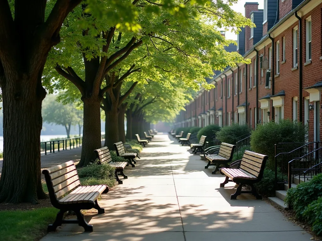 Promenade résidentielle tranquille le matin avec bancs publics et arbres