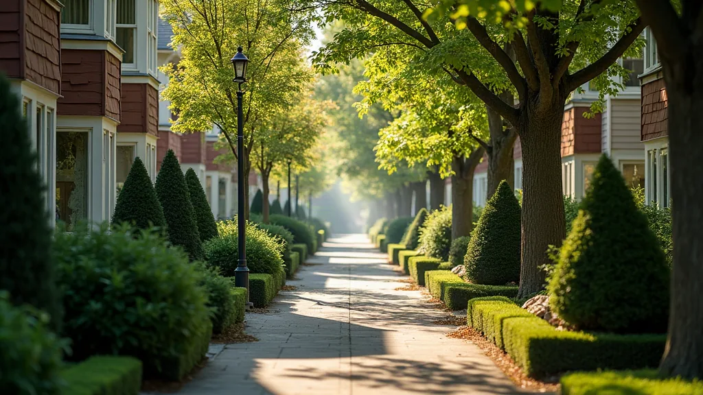 Allée piétonne bordée de maisons individuelles avec jardins, lumière matinale douce