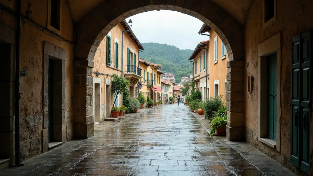 Cagnes-sur-Mer : quels quartiers éviter avant d'acheter ou de louer ? Rue en pierre d'un village perché près de Cagnes-sur-Mer après la pluie