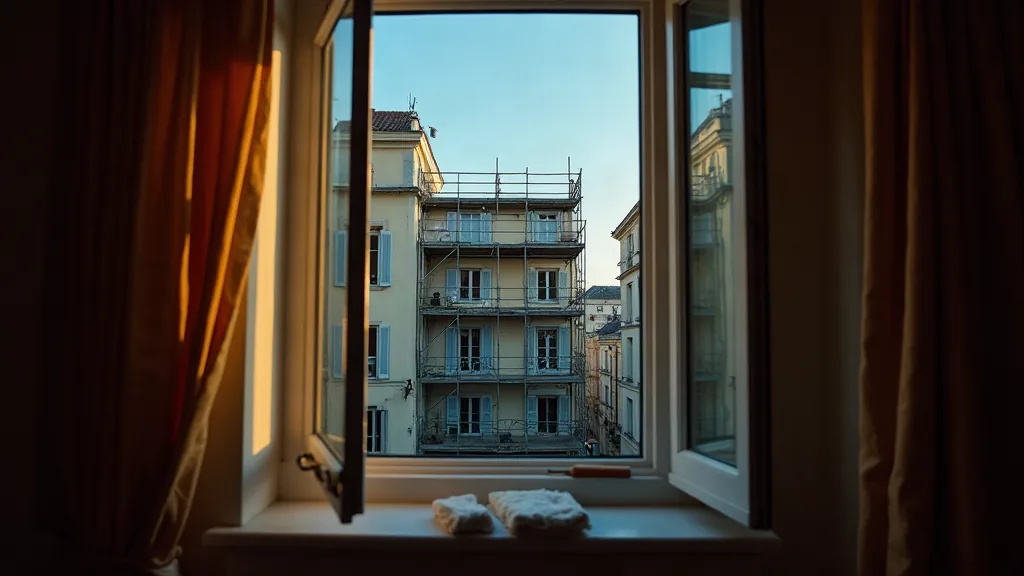 Sète : quels quartiers éviter avant d'acheter ou de louer ? Vue depuis un appartement en travaux vers une façade en rénovation à Sète au crépuscule