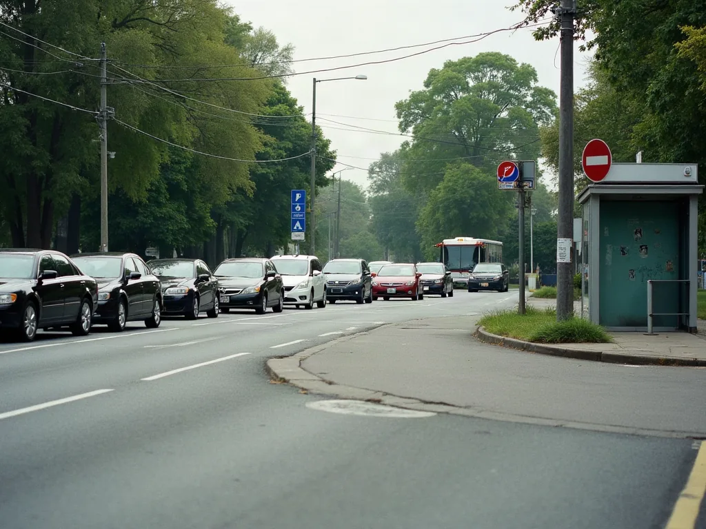 Route passante en bordure d'un quartier résidentiel avec arrêt de bus