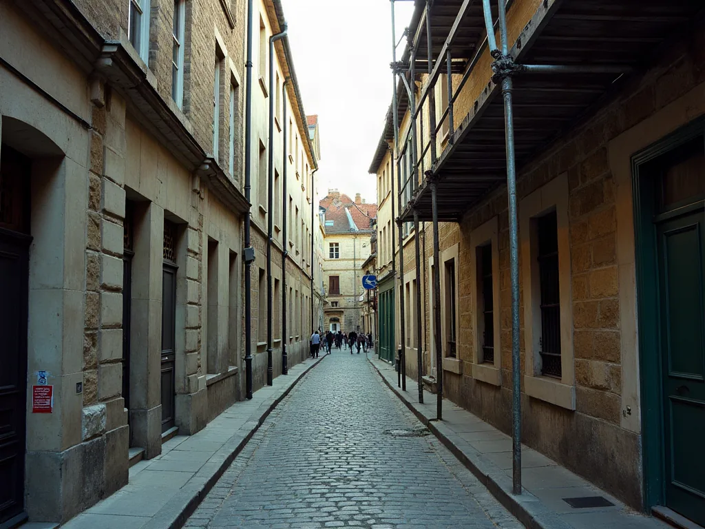 Saint-Pierre à Machecoul : quels secteurs éviter avant d'acheter ou louer ? Étroite ruelle pavée bordée de façades anciennes avec équipements de chantier temporaires
