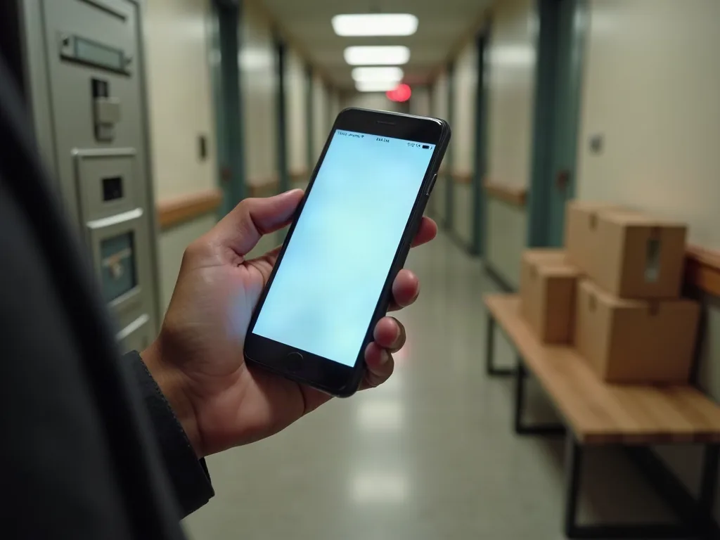 Urbamate : la solution qui change vraiment la gestion de copropriété Résident consultant une application sur smartphone près de l'interphone et des colis dans le hall